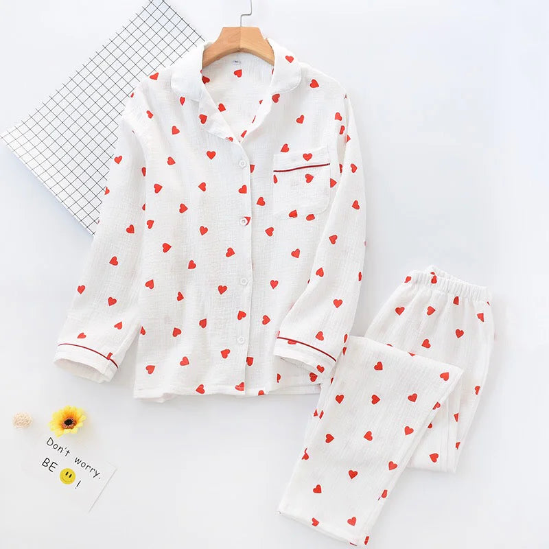Heart Printed Crepe Cotton Pajama Set