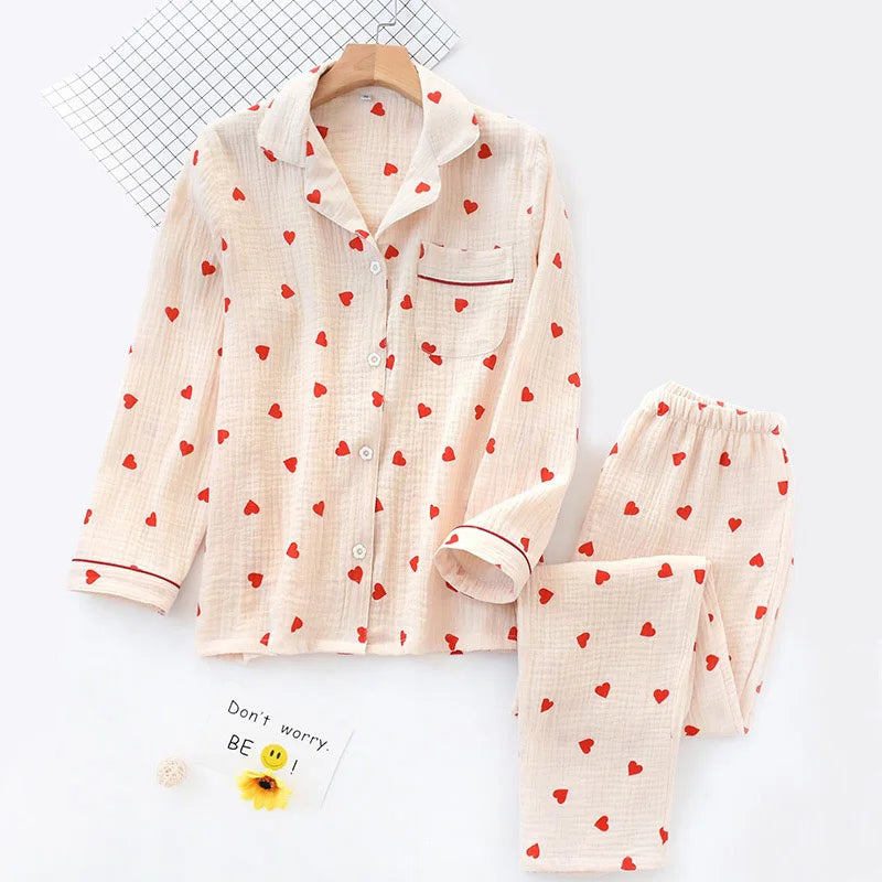 Heart Printed Crepe Cotton Pajama Set