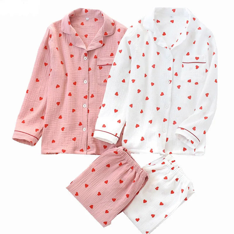 Heart Printed Crepe Cotton Pajama Set
