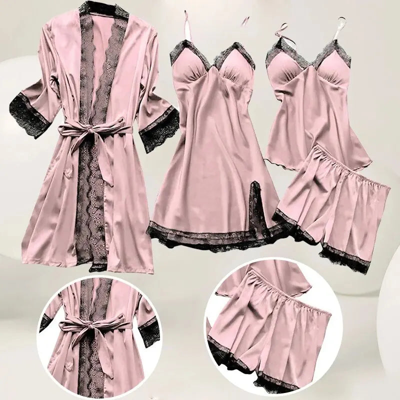 Silk Sleepwear Pajama Set with Lace Robe