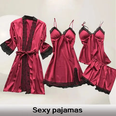Silk Sleepwear Pajama Set with Lace Robe
