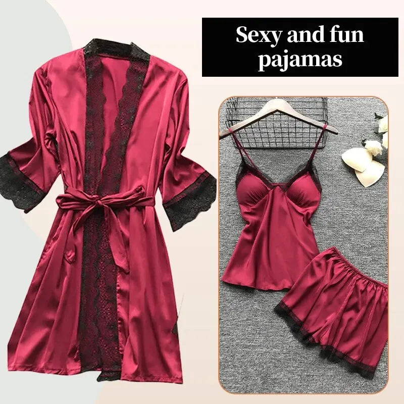 Silk Sleepwear Pajama Set with Lace Robe